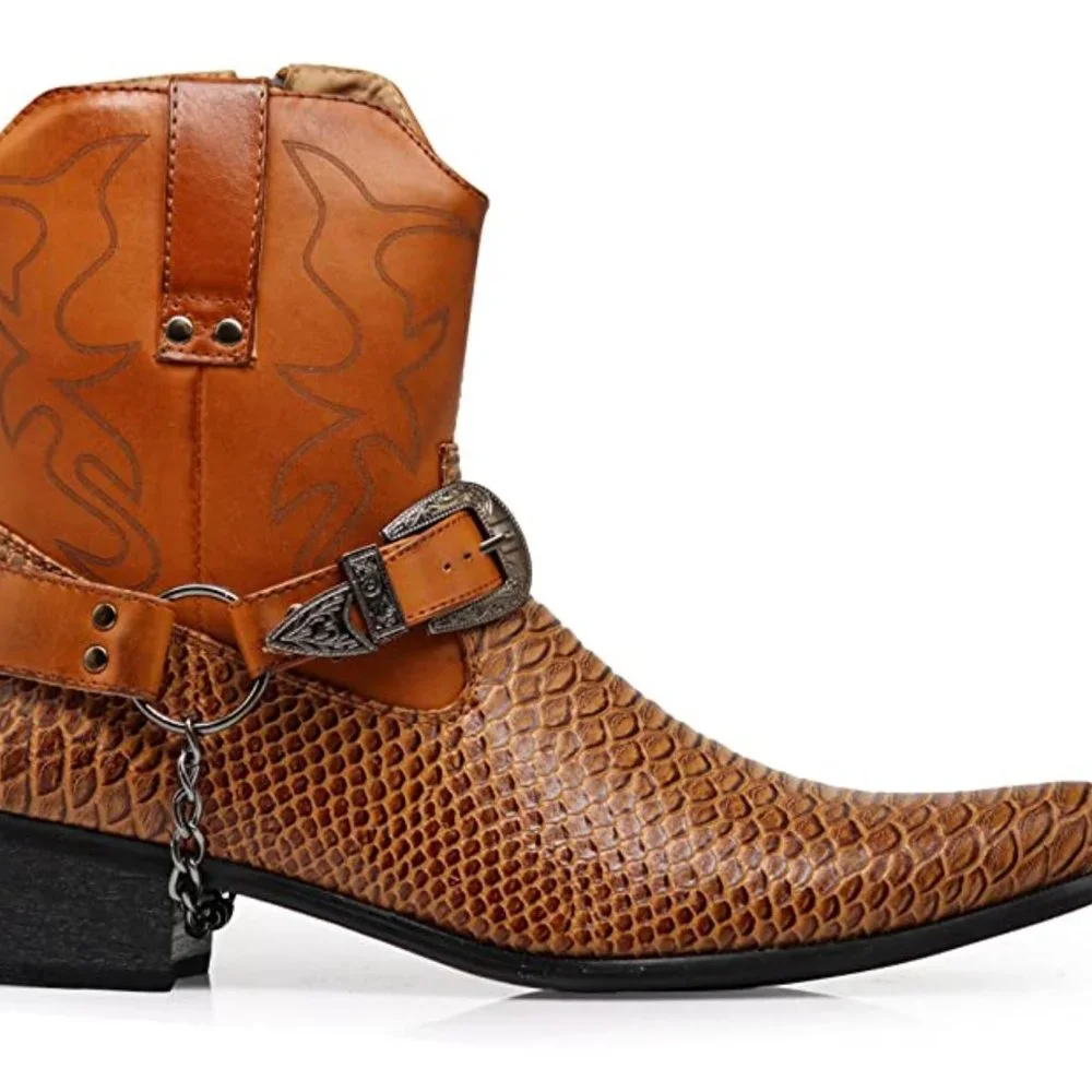 Men's Tan Western Harness Boots - Leather Exotic Texture
